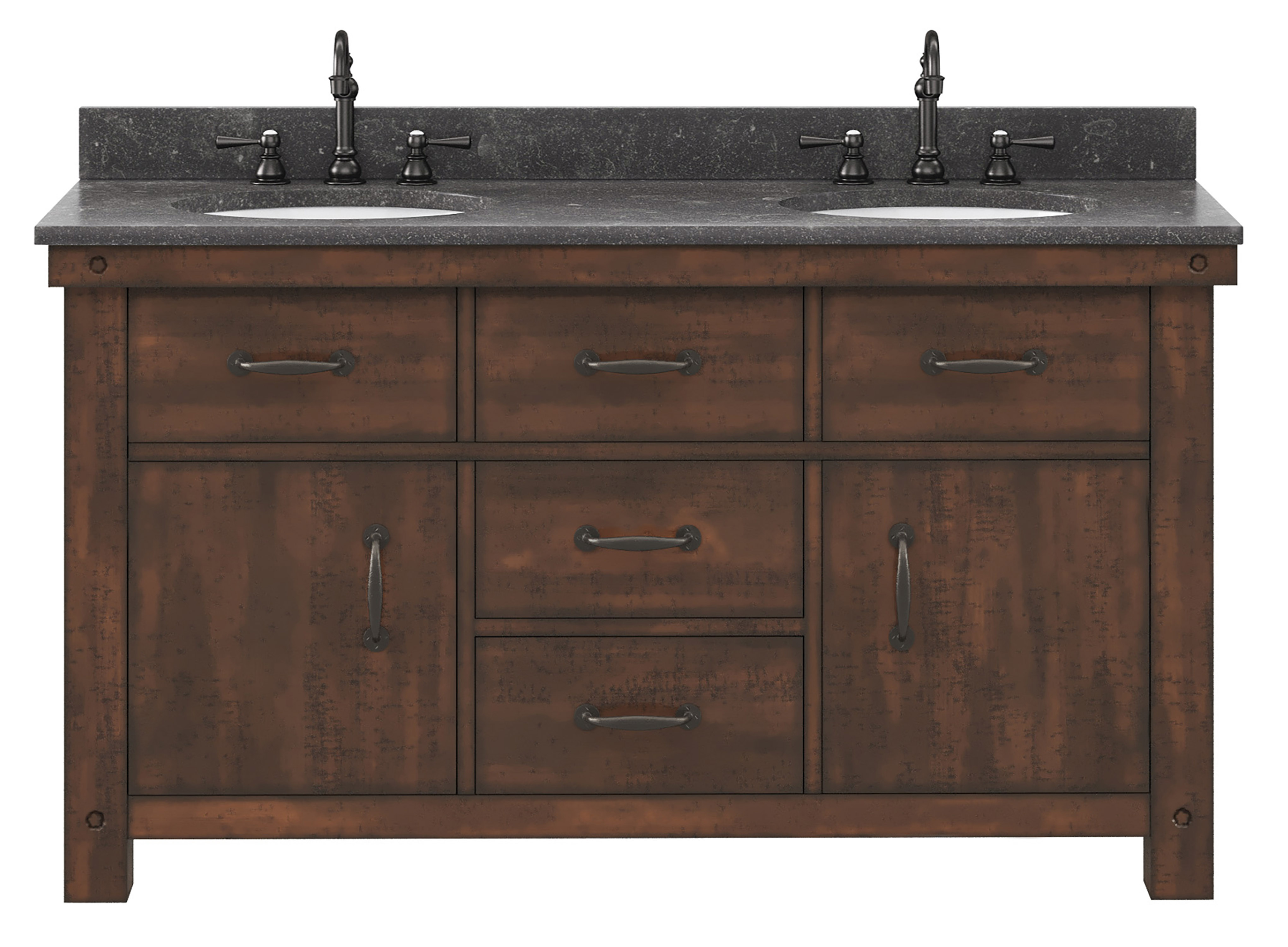60" Double Sink Blue Limestone Countertop Vanity in Rustic Sierra with Mirror and Faucet Options
