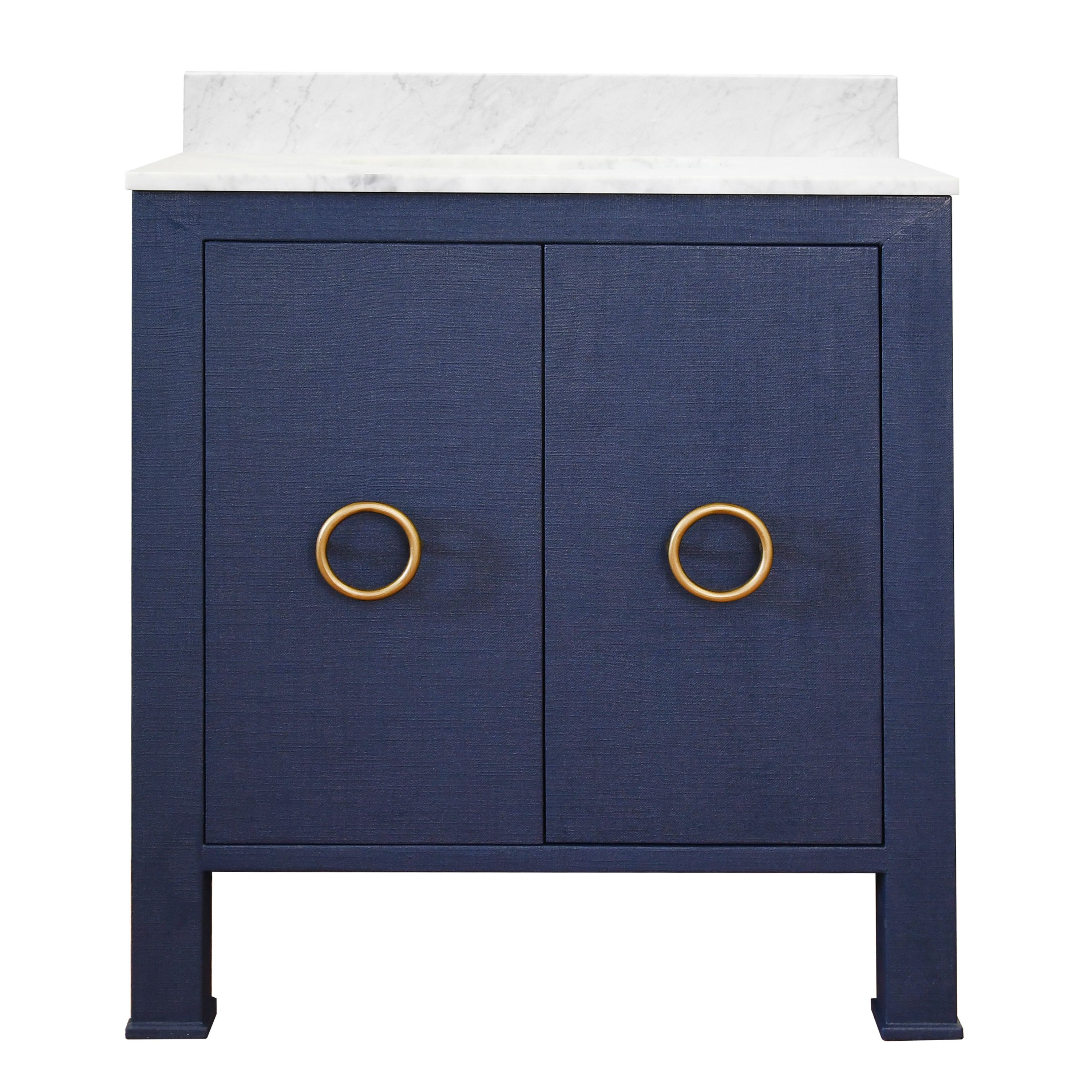30" Issac Edwards Collection Bath Vanity in Textured Navy Linen w/ Antique Brass Hardware, White Marble Top and Porcelain Sink