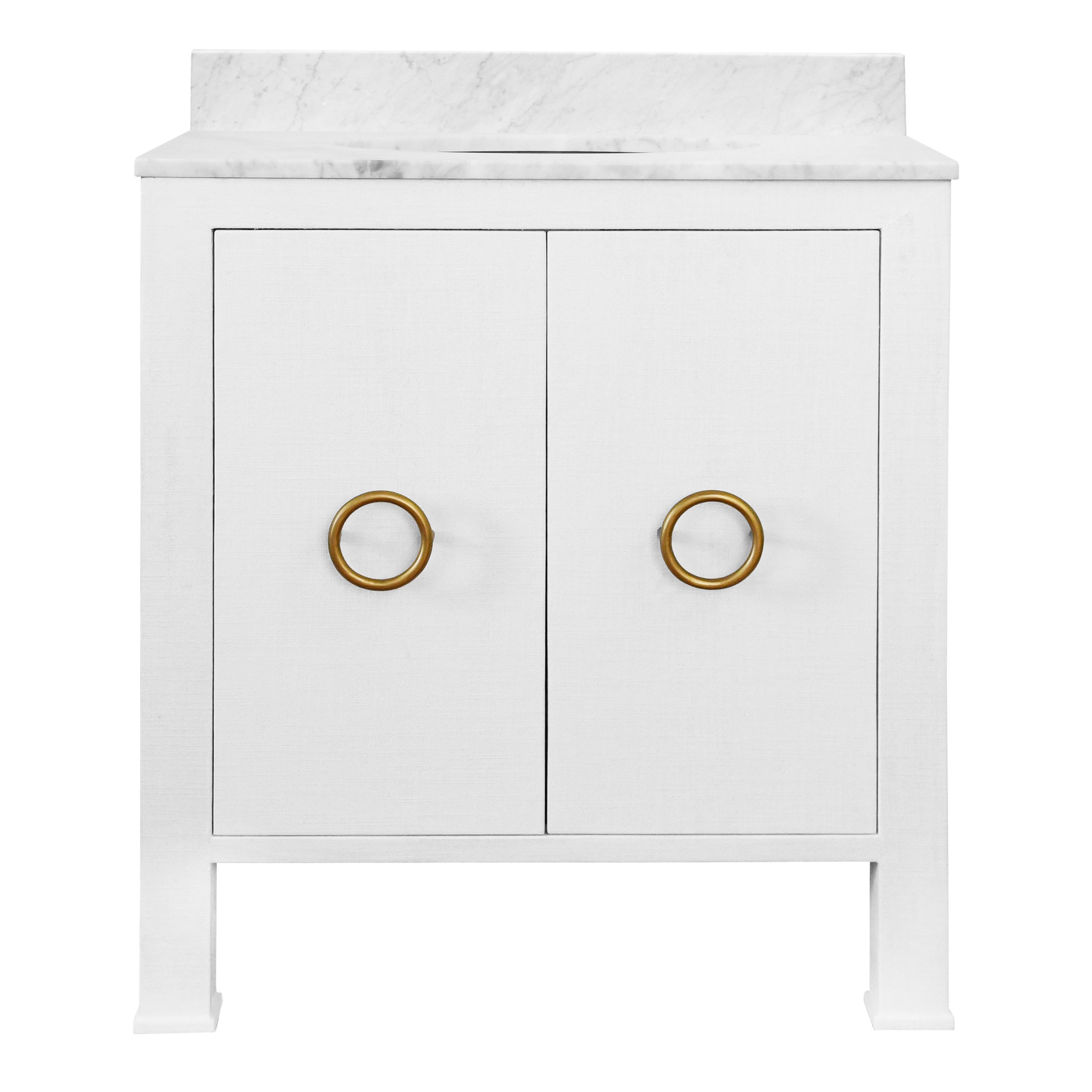 30" Issac Edwards Collection Bath Vanity in Textured White Linen w/ Antique Brass Hardware, White Marble Top and Porcelain Sink