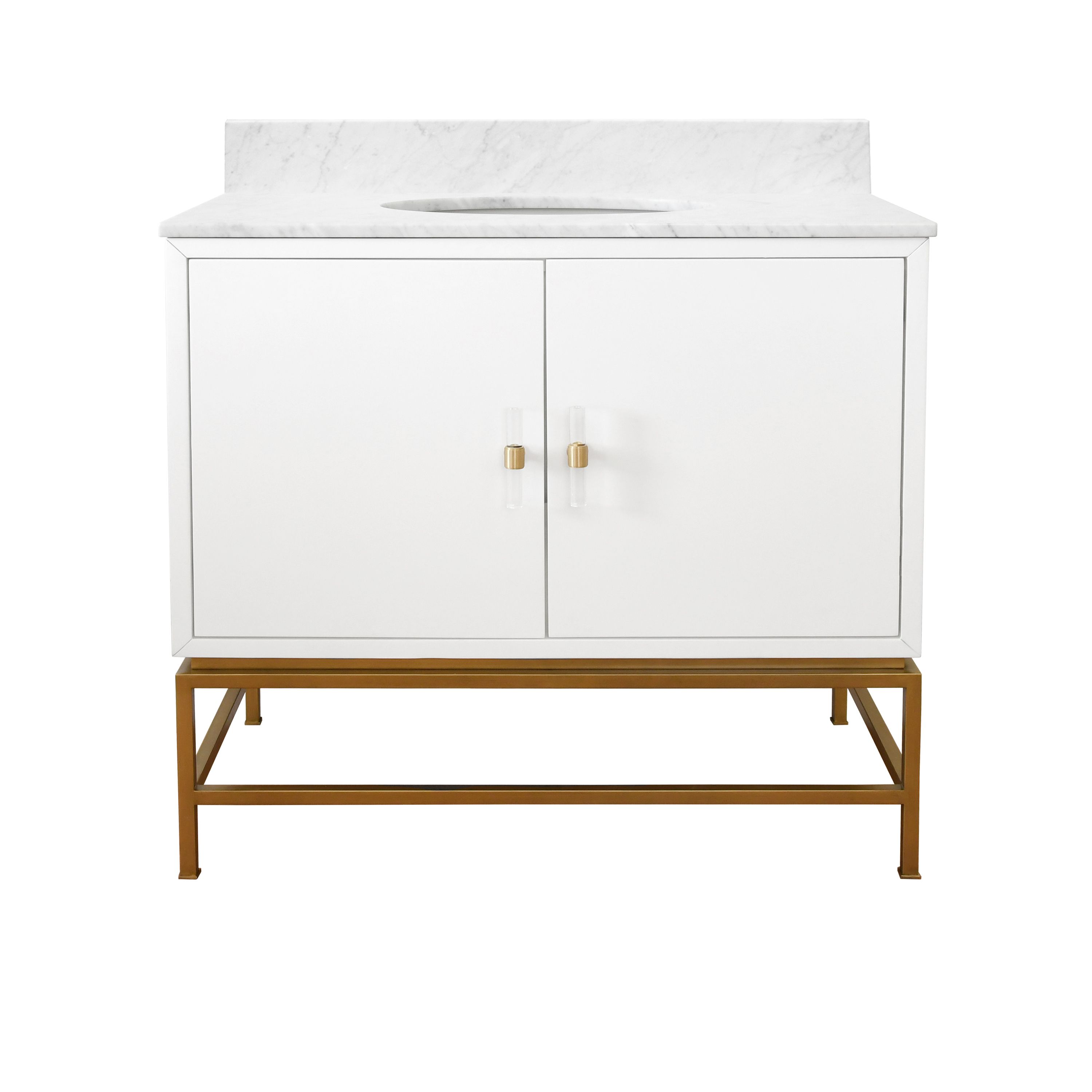 Bath Vanity in Matte White Lacquer and Antique Brass with White Marble Top and Porcelain Sink