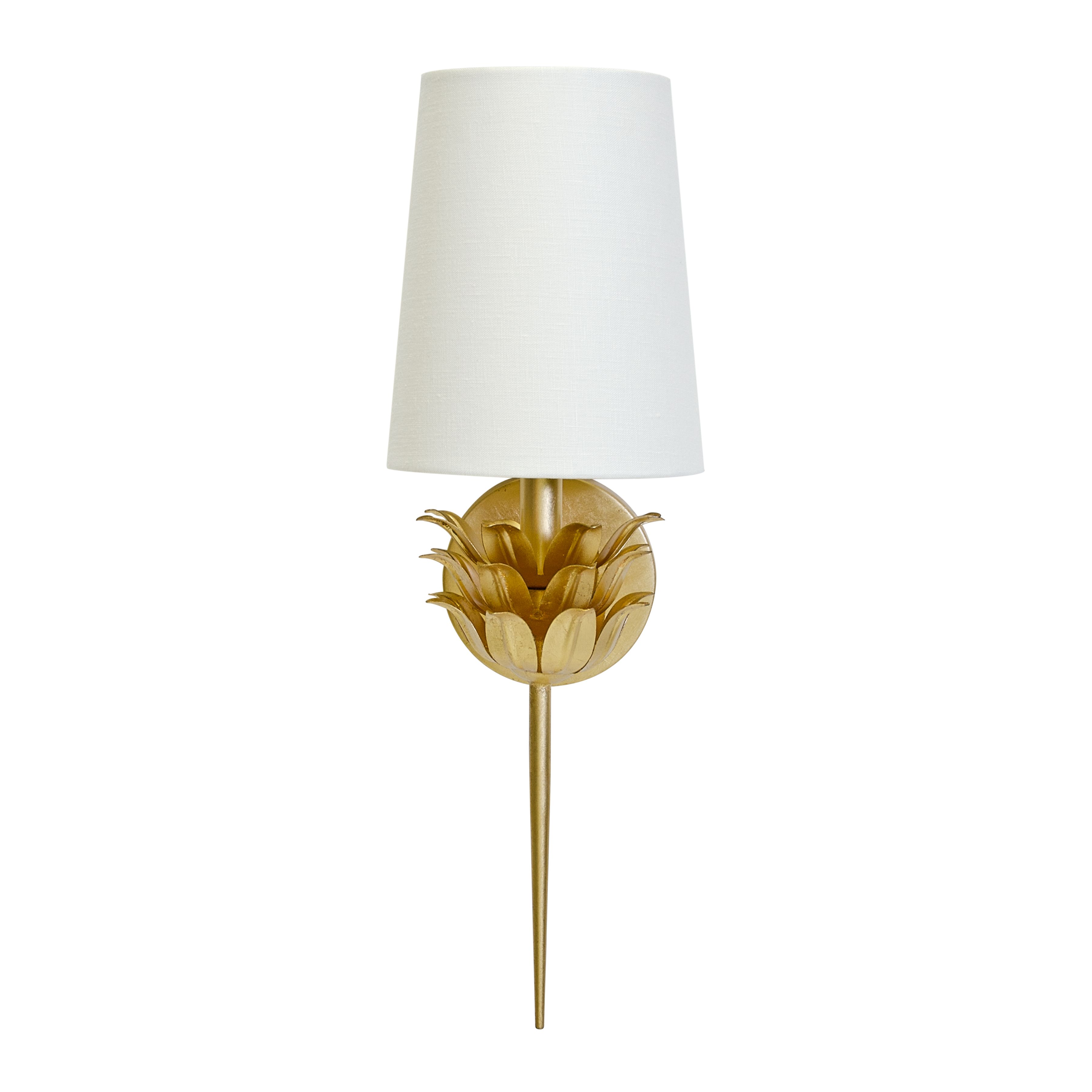 Gold Leaf One Arm Sconce with 3 Layer Leaf Motif & White Linen Shade