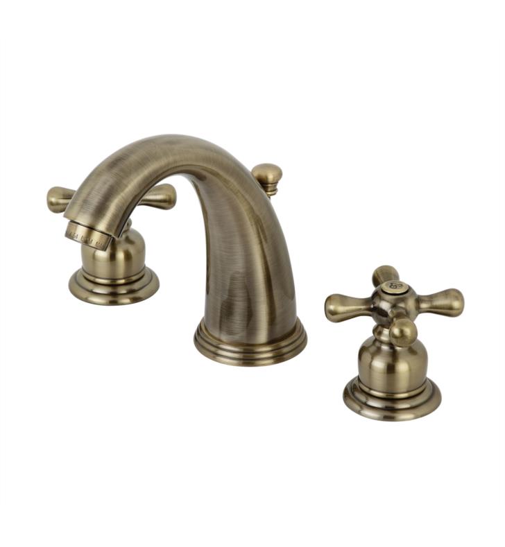 Victorian 5 3/4" Double Metal Cross Handle Widespread Bathroom Sink Faucet with Pop-Up Drain in Antique Brass