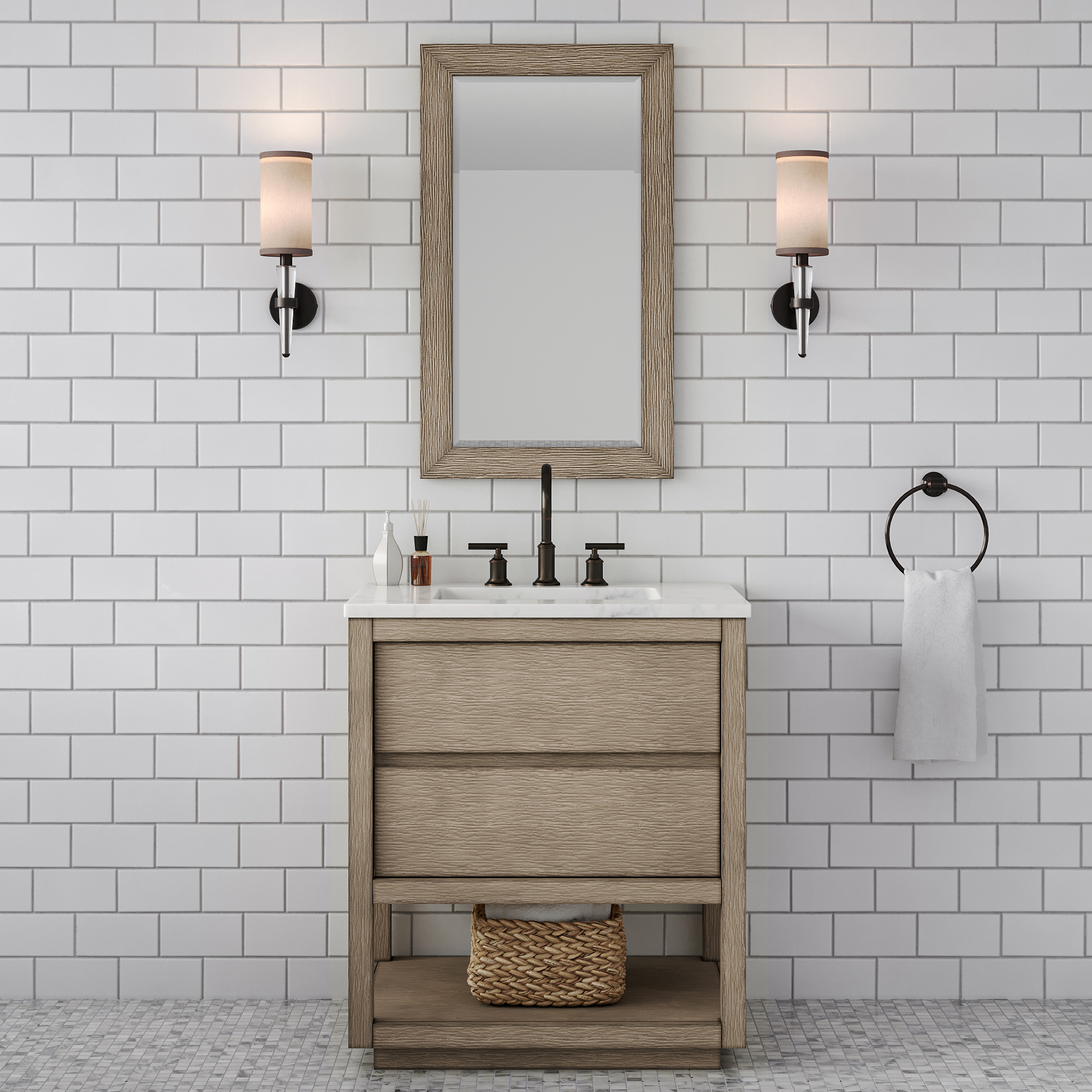 30" Single Sink Carrara White Marble Countertop Bath Vanity in Grey Oak with faucet and mirror options  