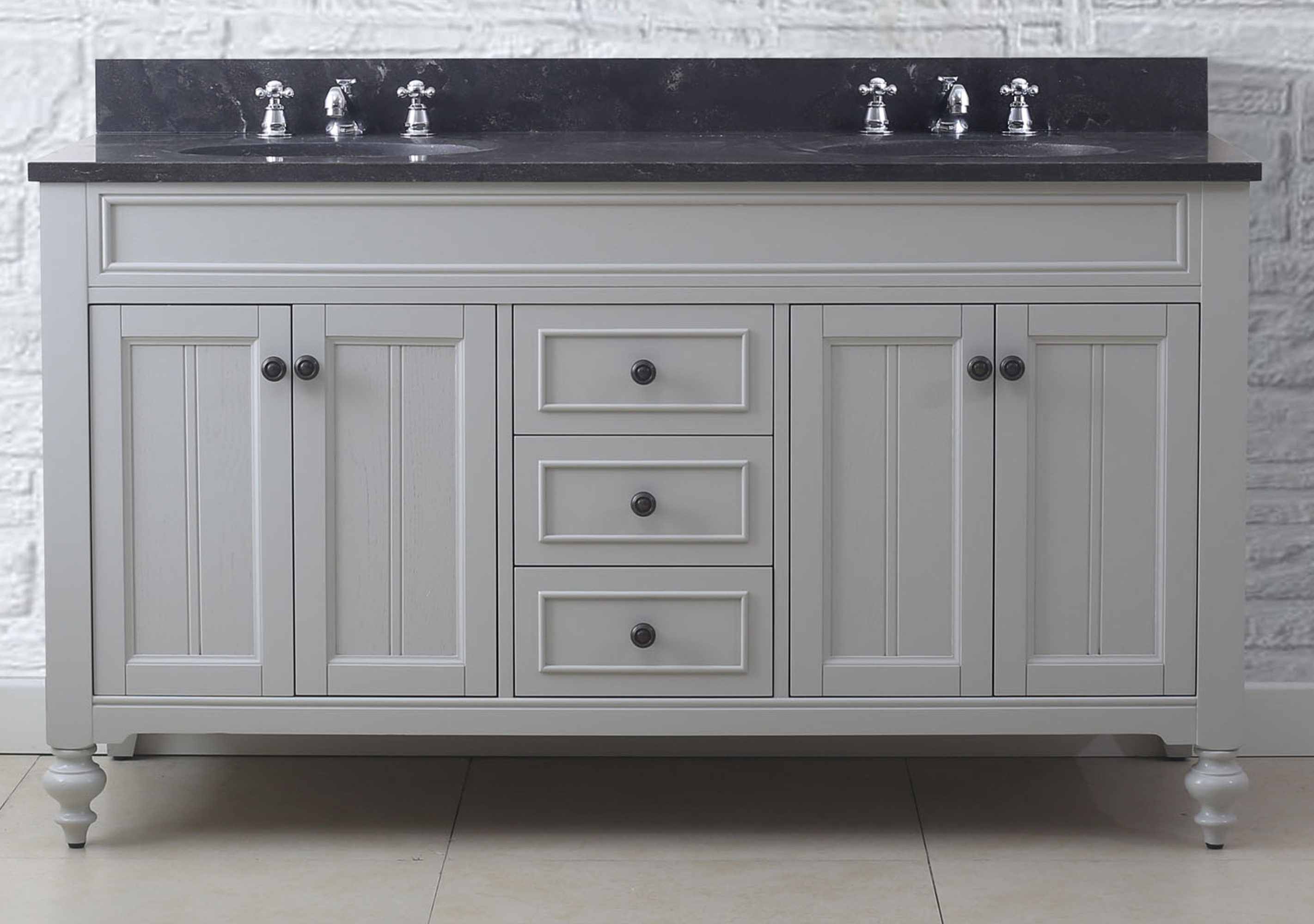 60" Earl Grey Double Sink Bathroom Vanity with Blue Limestone Granite Top