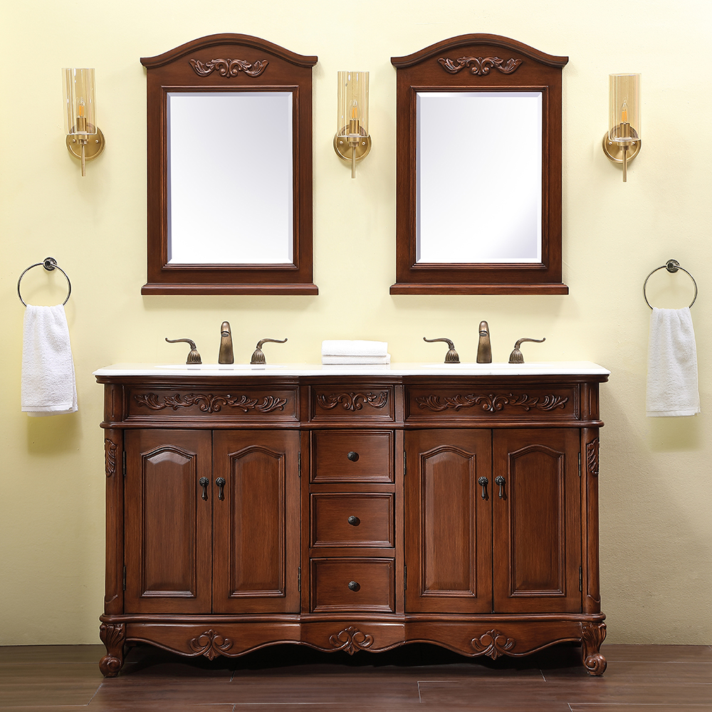 60" Deep Chestnut Finish Double Bathroom Vanity Victorian Style Leg with White Imperial Marble Top