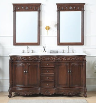 64" Traditional Freestanding Brown Bathroom Vanity, Double Sink, Marble Top, with Backsplash Option and Matching Mirror Option