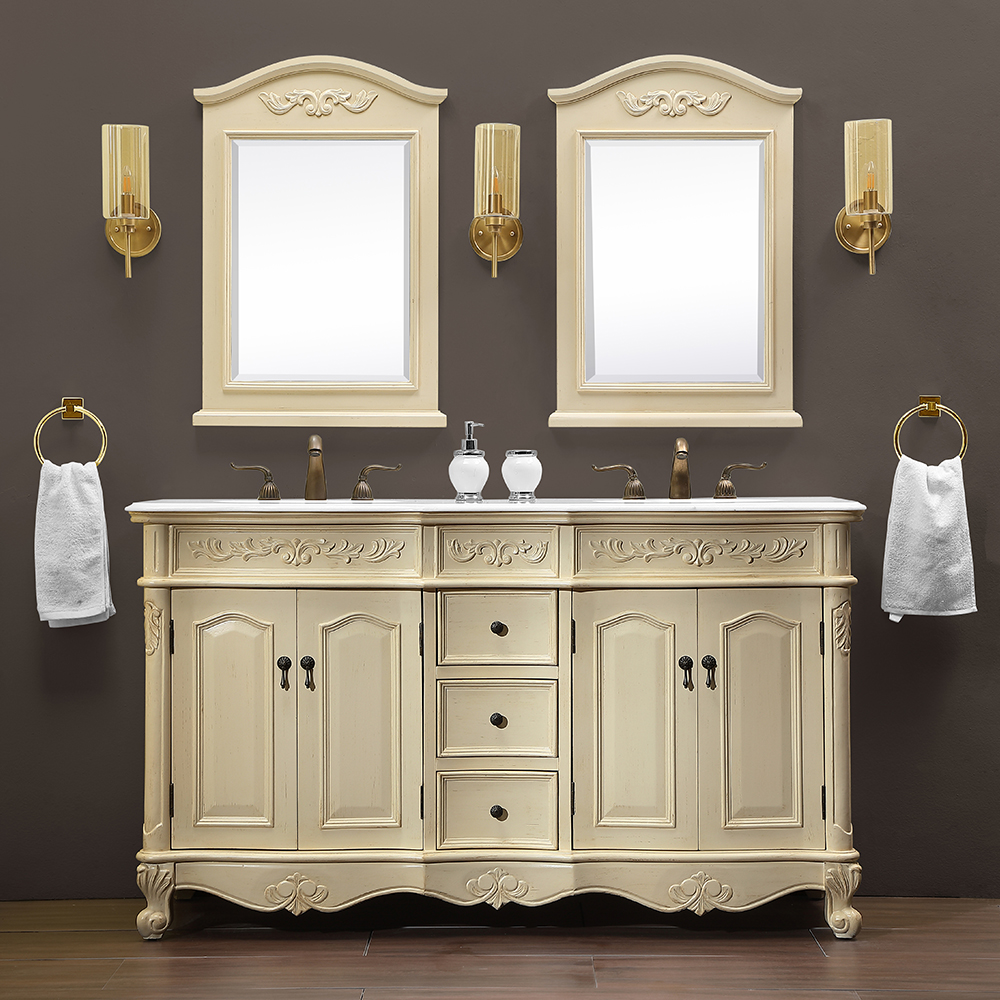 60" Antique Ivory Finish Double Bathroom Vanity Victorian Style Leg with White Imperial Marble Top