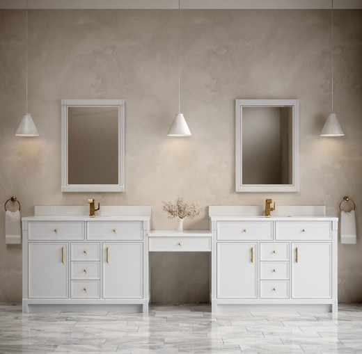 James Martin 120" Dual Vanity Set with 24" Make-Up Counter, Bright White with Countertop Options