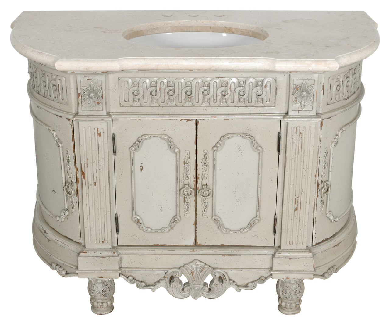 48 Handcarved and handcrafted, Antique Mahogany wood vanity, with 2 Thick Italian Cream Marble in Parchment Finish