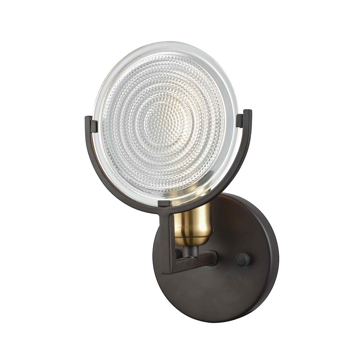 Ocular 1 Light Vanity in Oil Rubbed Bronze with Satin Brass Accents and Clear Railroad Light Glass