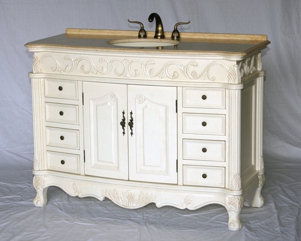 48" Adelina Antique Single Sink Bathroom Vanity Antique White Finish with Beige Stone Countertop