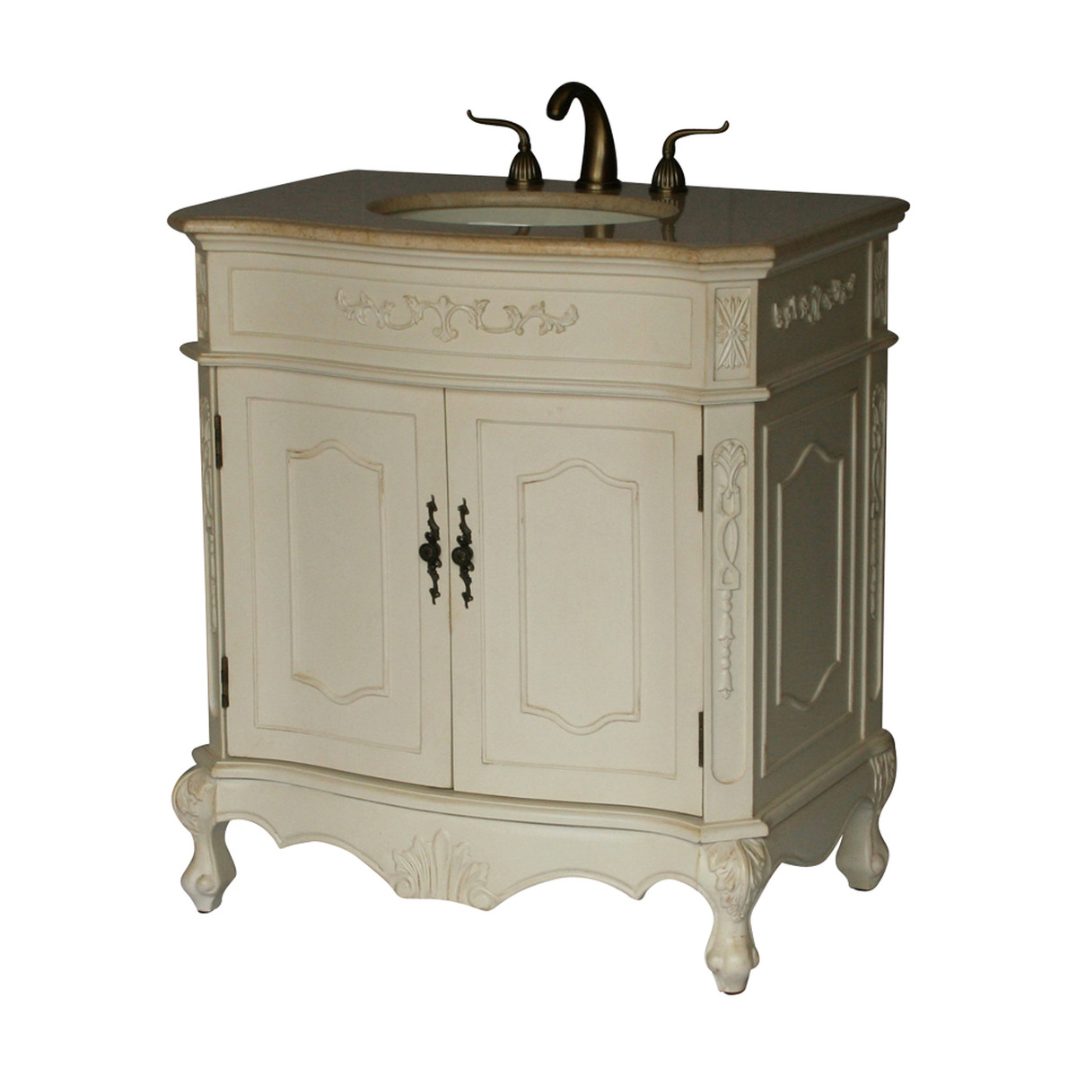 32" Adelina Antique Style Single Sink Bathroom Vanity with Beige Stone Countertop and Antique White Finish