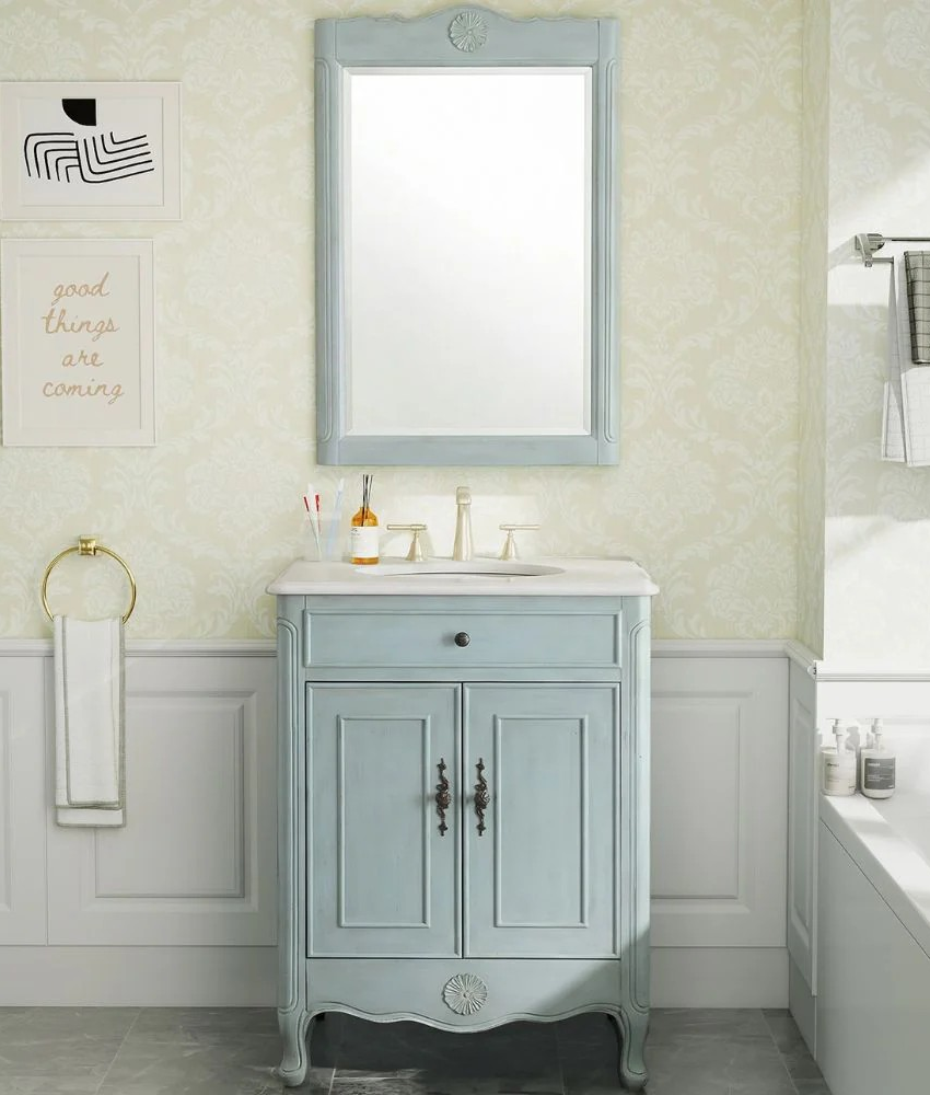 26" Adelina Distressed Light Blue Cottage Style Small Bathroom Sink Vanity with Backsplash Option and Mirror Option