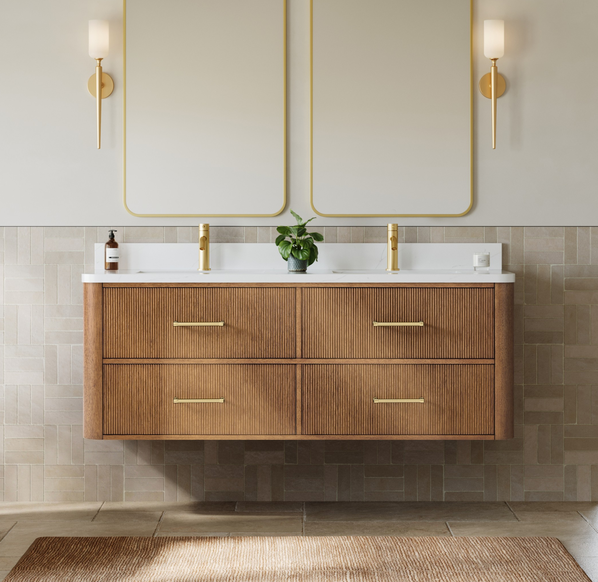60" Double Wall Mounted Bathroom Vanity in Toasted Walnut, with Countertop Options, and Hardware Option