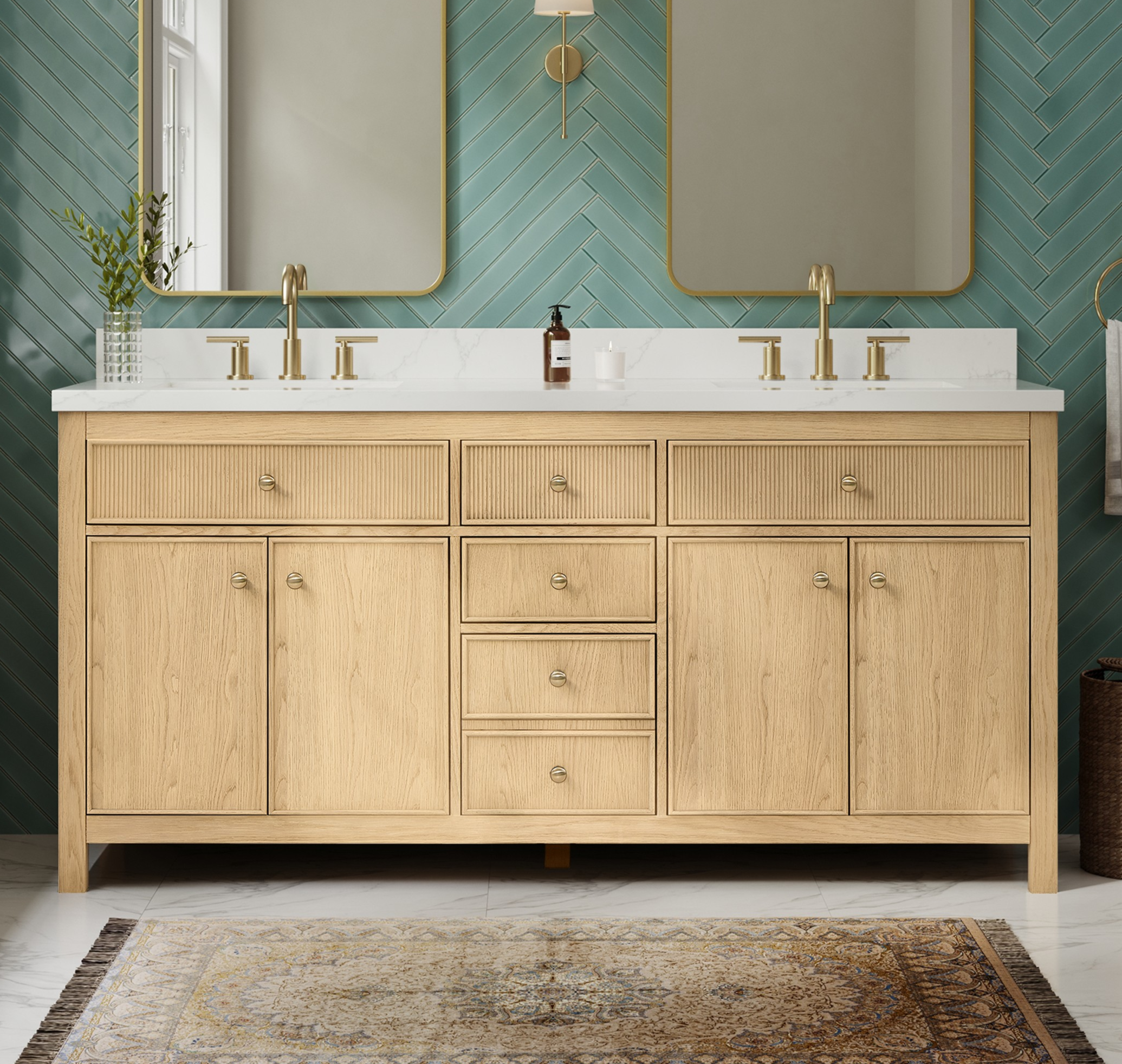 72" Double Bathroom Vanity in Scandinavian Oak, White Quartz Countertop, Undermount Square Sinks (1-Hole), with Countertop Options and Hardware Option