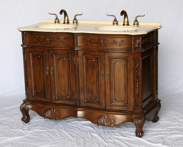 50" Adelina Antique Style Double Sink Bathroom Vanity in Walnut Wooden Cabinet Finish with Beige Stone Countertop