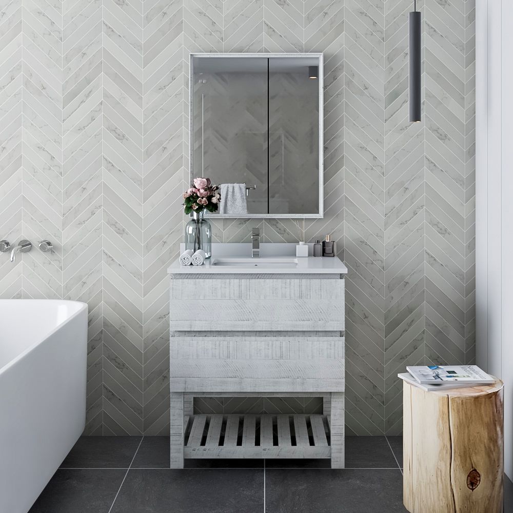 30" Floor Standing Modern Bathroom Vanity w/ Open Bottom & Mirror in Rustic White