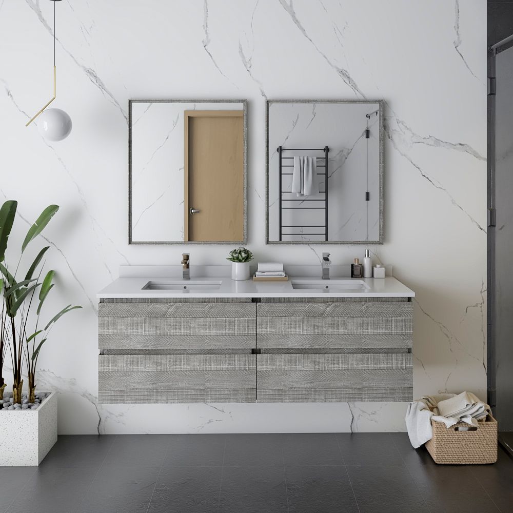 60" Wall Hung Double Sink Modern Bathroom Vanity w/ Mirrors in Ash
