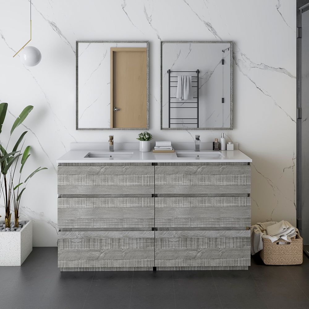 60" Floor Standing Double Sink Modern Bathroom Vanity w/ Mirrors in Ash