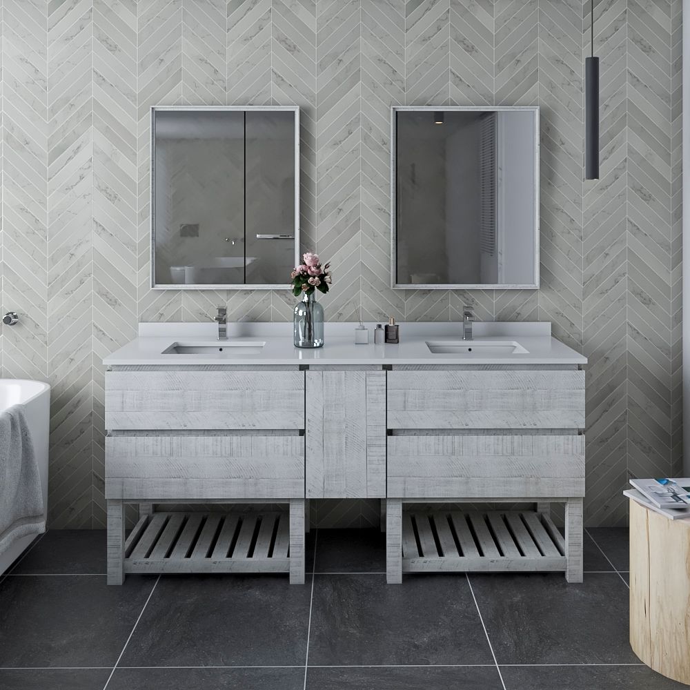 72" Floor Standing Double Sink Modern Bathroom Vanity w/ Open Bottom & Mirrors in Rustic White Finish