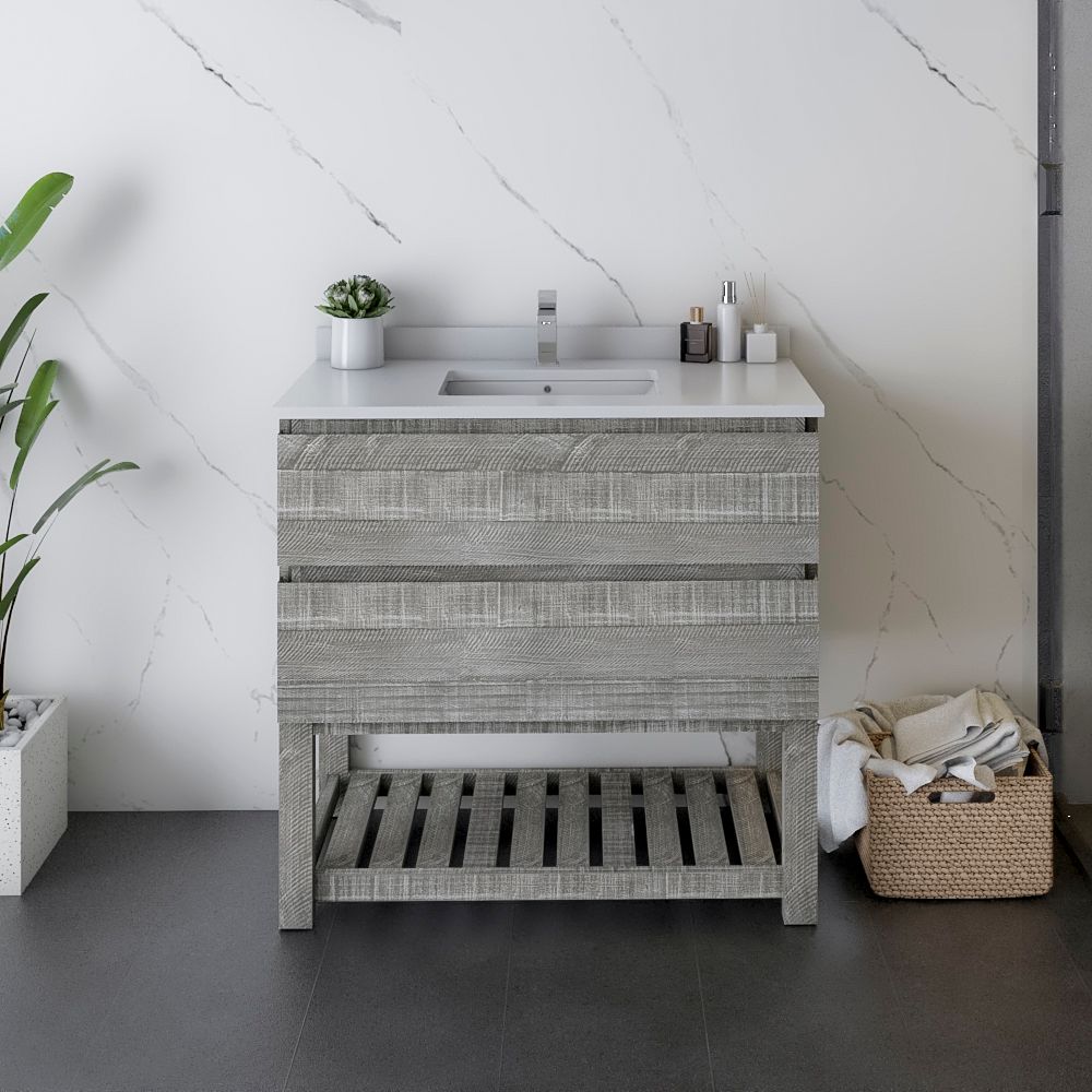36" Floor Standing Open Bottom Modern Bathroom Cabinet w/ Top & Sink in Ash