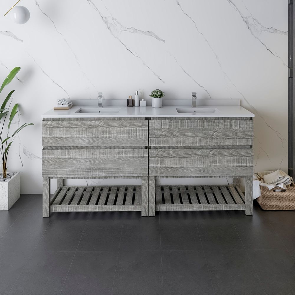 72" Floor Standing Open Bottom Double Sink Modern Bathroom Cabinet w/ Top & Sinks in Ash