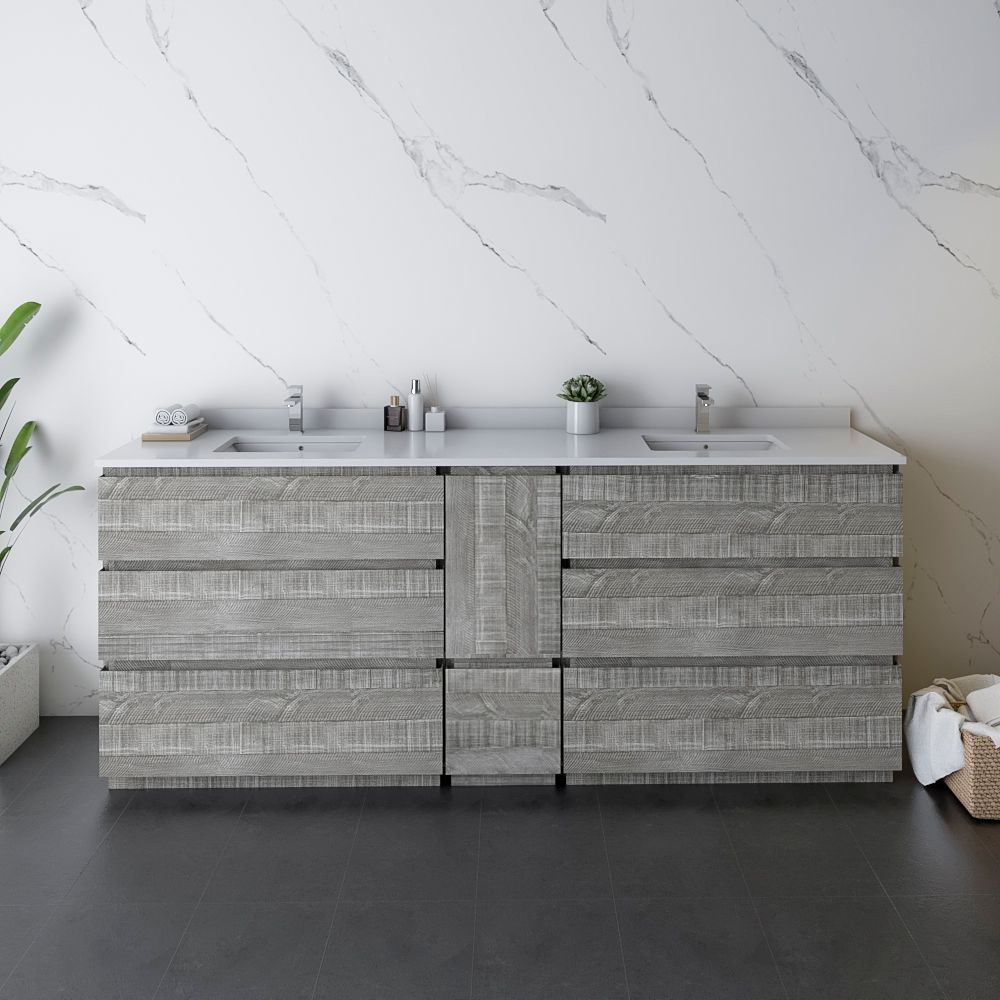84" Floor Standing Double Sink Modern Bathroom Cabinet w/ Top & Sinks in Ash