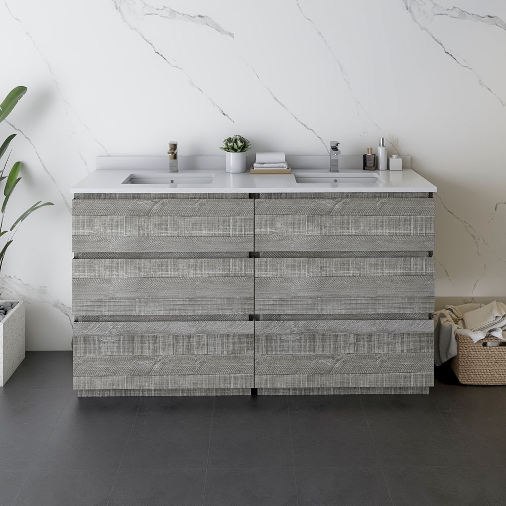 60" Floor Standing Double Sink Modern Bathroom Cabinet w/ Top & Sinks in Ash