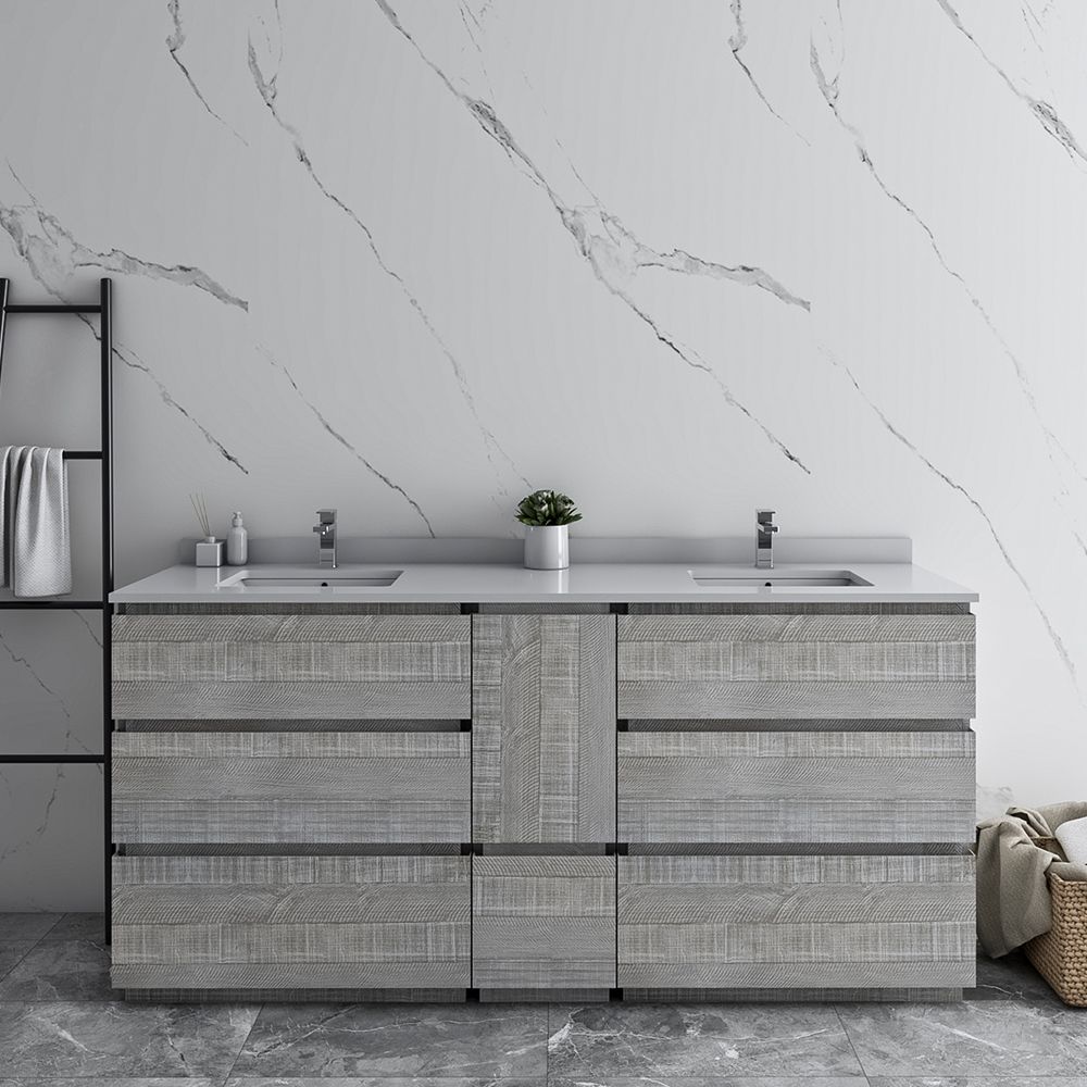 72" Floor Standing Double Sink Modern Bathroom Cabinet w/ Top & Sinks in Ash Finish