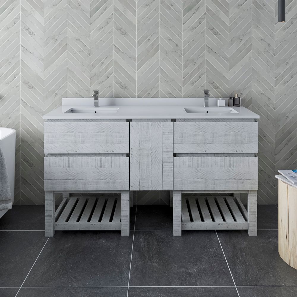 60" Floor Standing Open Bottom Double Sink Modern Bathroom Cabinet w/ Top & Sinks in Rustic White Finish