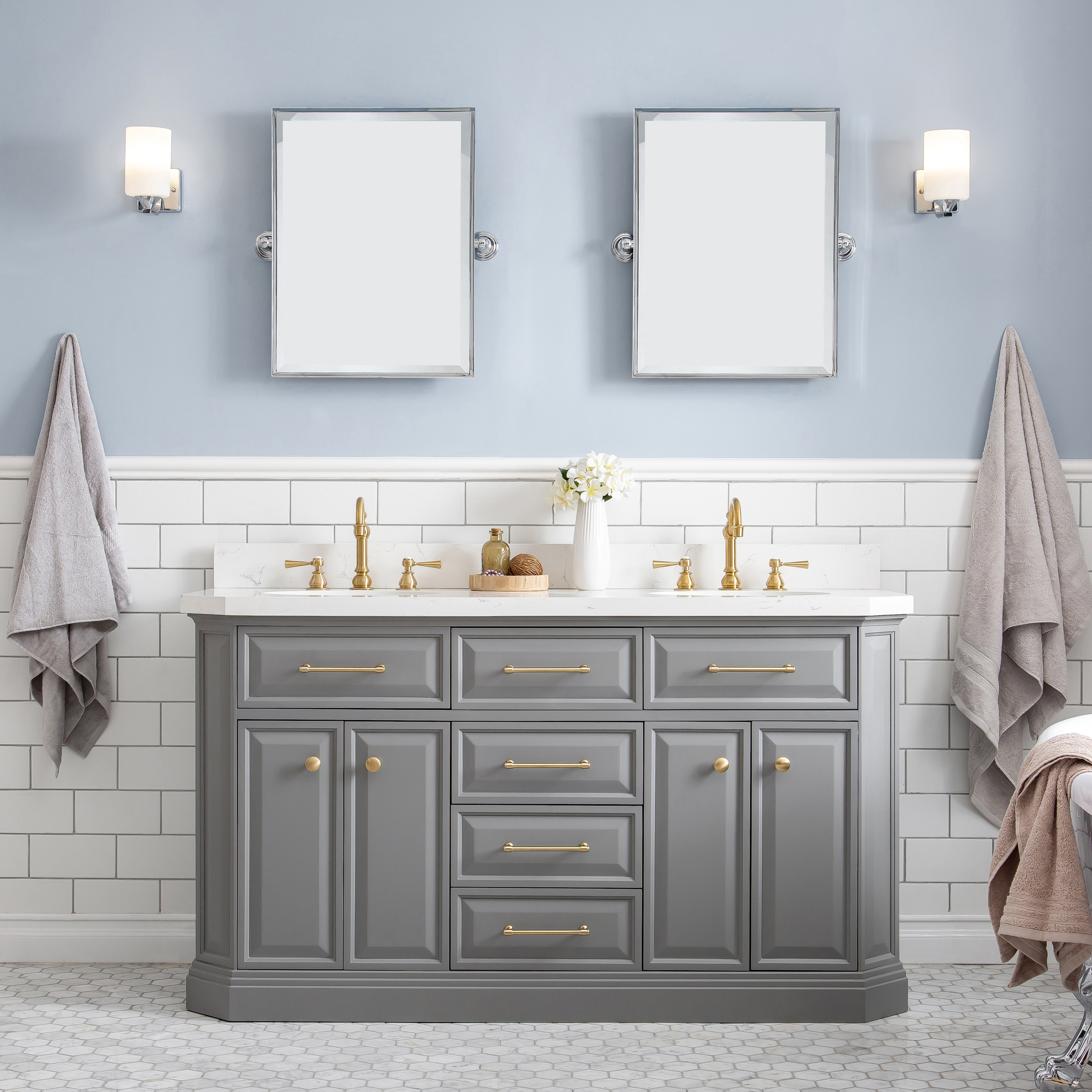 60" Traditional Collection Quartz Carrara Cashmere Grey Bathroom Vanity Set With Hardware in Satin Gold Finish