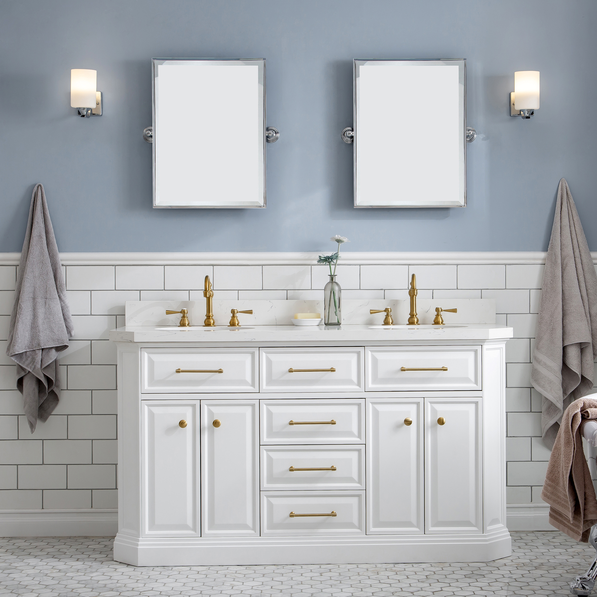 60" Traditional Collection Quartz Carrara Pure White Bathroom Vanity Set With Hardware in Satin Gold Finish