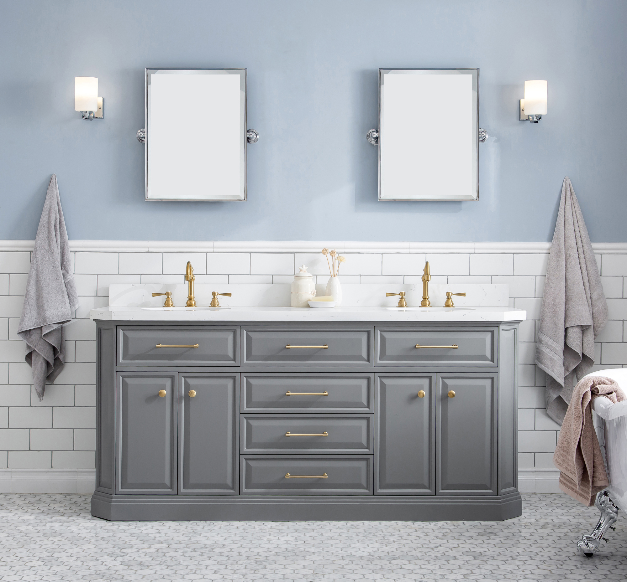 72" Traditional Collection Quartz Carrara Cashmere Grey Bathroom Vanity Set With Hardware in Satin Gold Finish