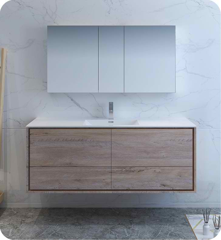 60" Rustic Natural Wood Wall Hung Single Sink Modern Bathroom Vanity with Medicine Cabinet and Faucet Options