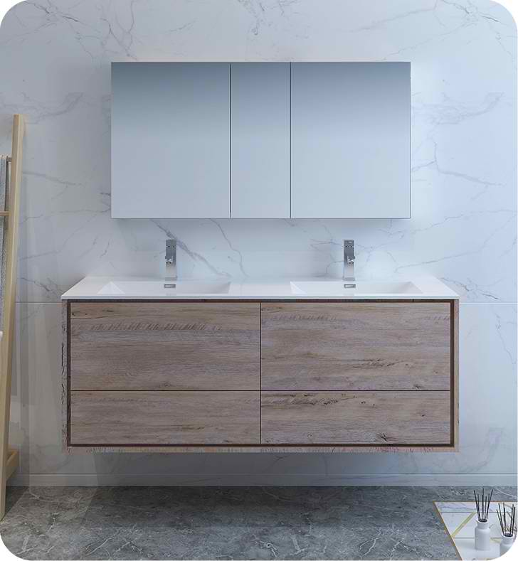 60" Rustic Natural Wood Wall Hung Double Sink Modern Bathroom Vanity with Medicine Cabinet and Faucet Options
