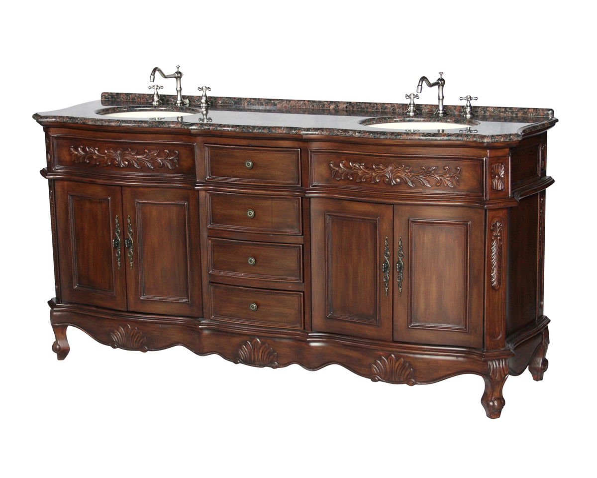 72" Adelina Antique Style Double Sink Bathroom Vanity in Walnut Finish with Coral Brown Granite Countertop and Oval Bone Porcelain Sinks