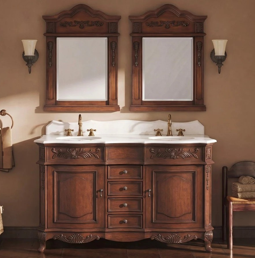 48" Adelina Traditional Double Sink Bathroom Vanity Antique Brown with White Quartz Top, with Backsplash and Mirror Option