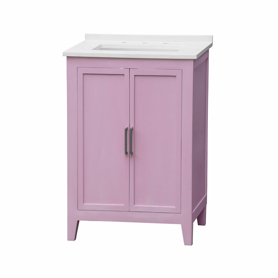 25" Single Sink White Quartz with Grey Veining Pink Paint Finish with Linen Tower Option