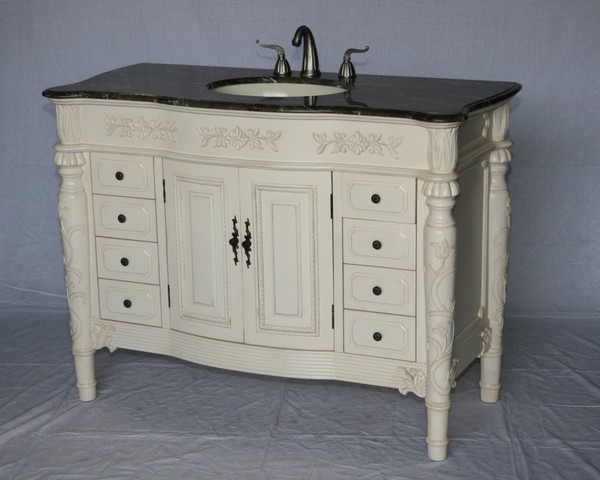 48" Adelina Antique Style Single Sink Bathroom Vanity in Antique White Finish with Light Brown Stone Countertop