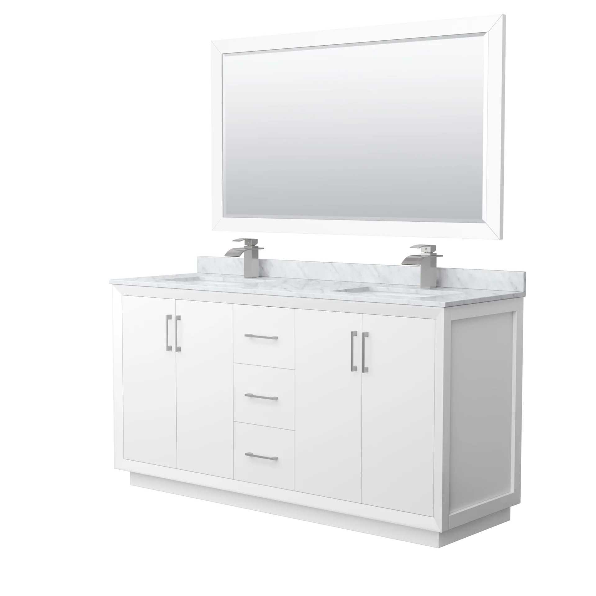 66" Transitional Double Vanity Base in White, 3 Top Option, with 3 Hardware Options and Mirror Option
