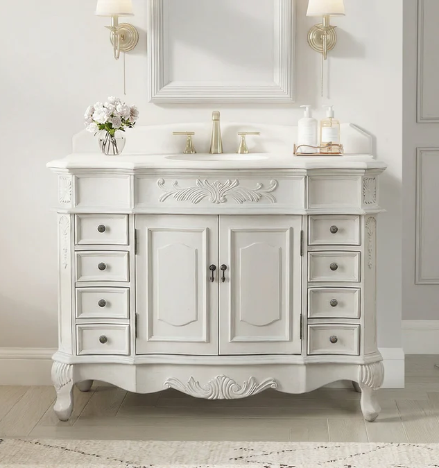 Adelina 42" Antique Style Single Sink Bathroom Vanity with White Quartz Top, with Backsplash Option and Mirror Option