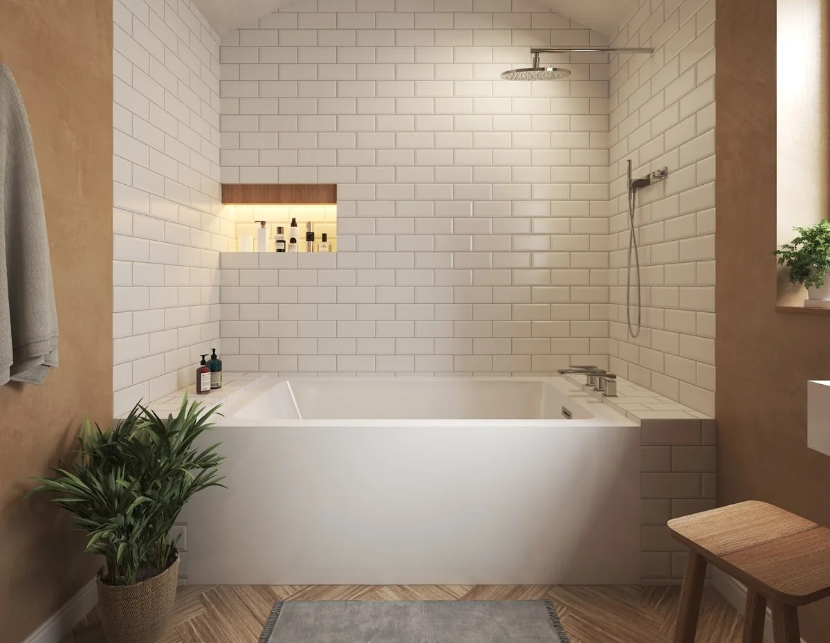 Modern Fitting 60x32x18 Inch Alcove Bathtub in White with Hand Drain Location Option and Overflow Trim with Hardware Options