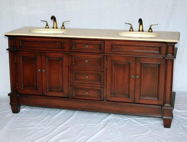 72" Adelina Traditional Style Double Sink Bathroom Vanity in Cherry Wooden Cabinet Finish with Beige Stone Countertop