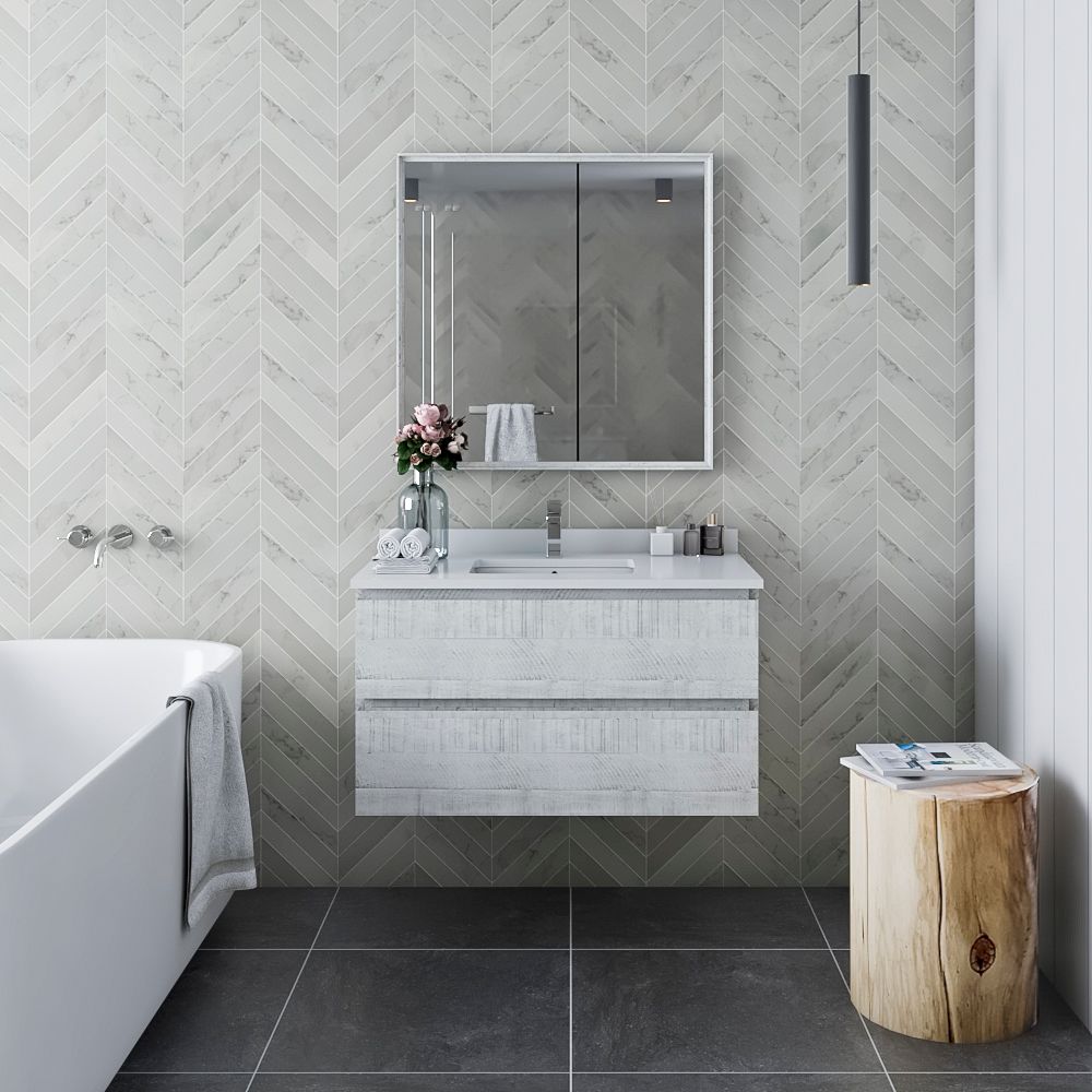 36" Wall Hung Modern Bathroom Vanity w/ Mirror in Rustic White