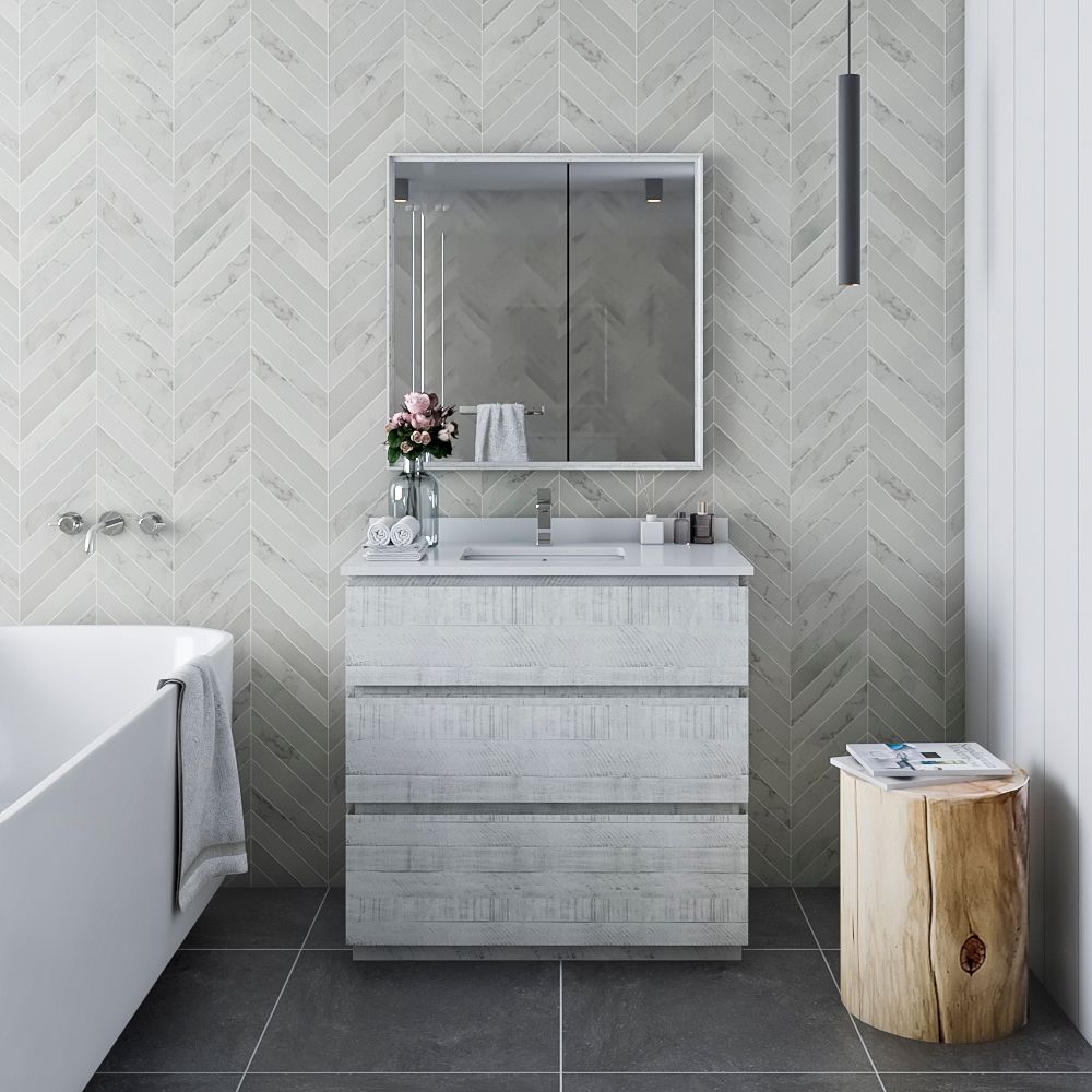 36" Floor Standing Modern Bathroom Vanity w/ Mirror in Rustic White