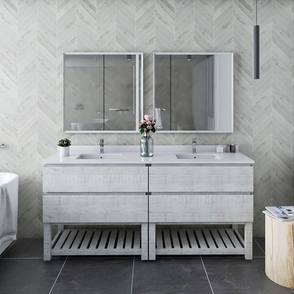 72" Floor Standing Double Sink Modern Bathroom Vanity w/ Open Bottom & Mirrors in Rustic White