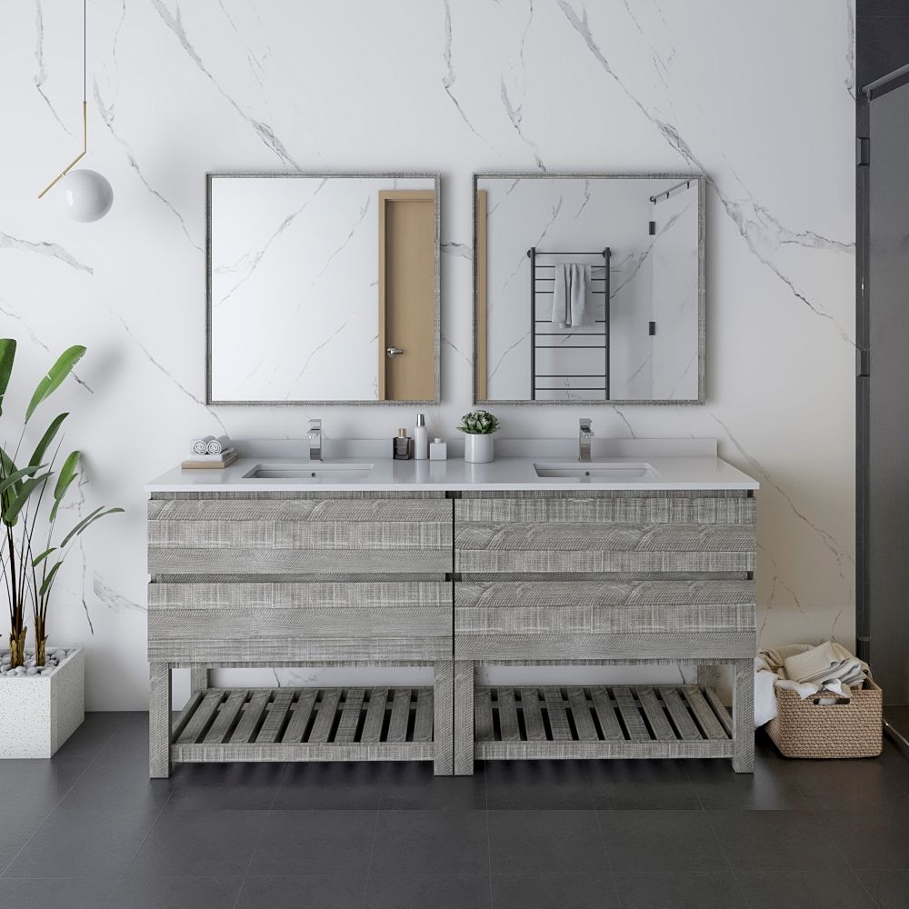 72" Floor Standing Double Sink Modern Bathroom Vanity w/ Open Bottom & Mirrors in Ash