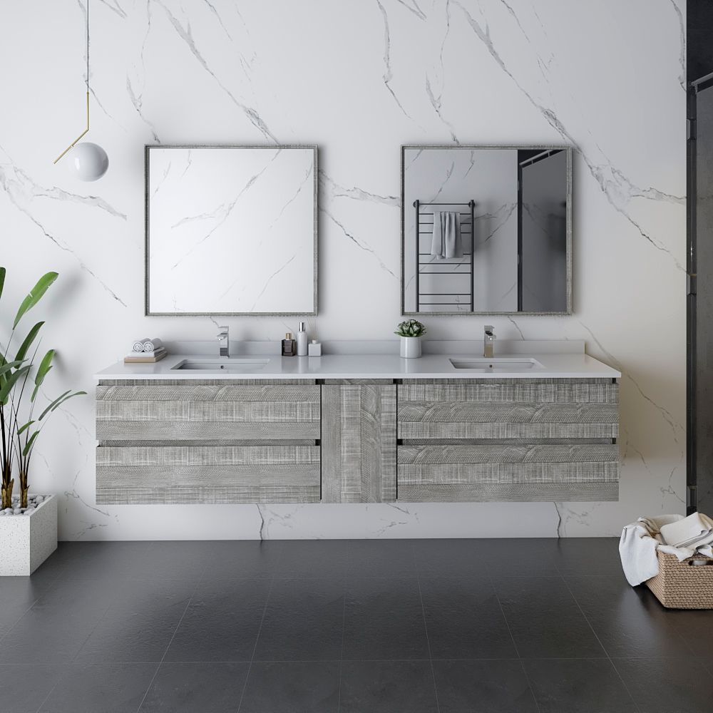 84" Wall Hung Double Sink Modern Bathroom Vanity w/ Mirrors in Ash