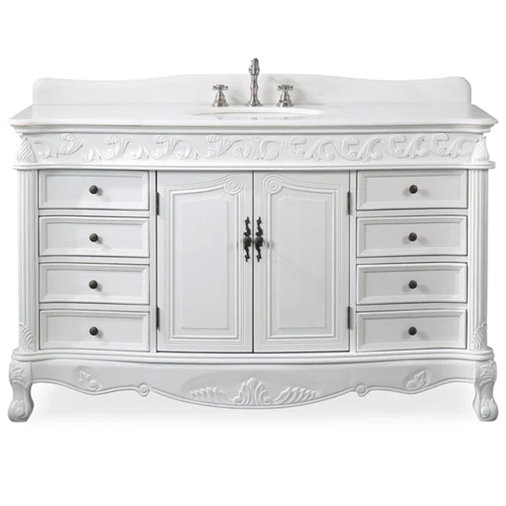 Adelina 56" Antique White Traditional Style Single Sink Bathroom Vanity with White Marble Countertop