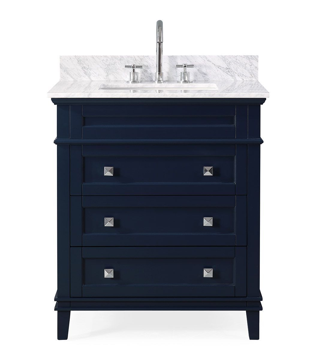 30" Contemporary Single Sink Navy Blue Bathroom Vanity with Italian Carrara Marble Countertop